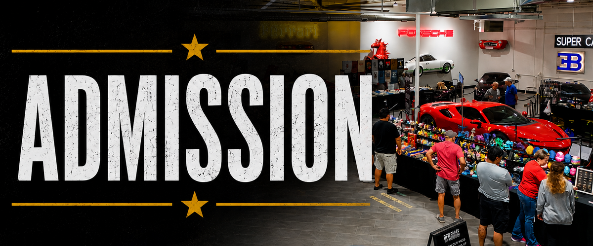 Promotional graphic for an event or show, featuring a large distressed white 'ADMISSION' text overlay on a black background with gold stars and lines. The background photo shows an indoor auto show or garage with people viewing colorful items, a red sports car, and a blue car in the foreground.