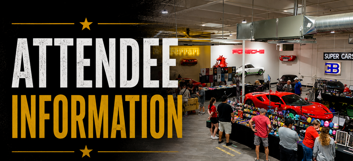 Promotional graphic with large text reading 'ATTENDEE INFORMATION' over a busy indoor car show or exhibition hall. Several people are standing around tables, and multiple cars are visible, including a blue car in the foreground and a red sports car near the center-right.