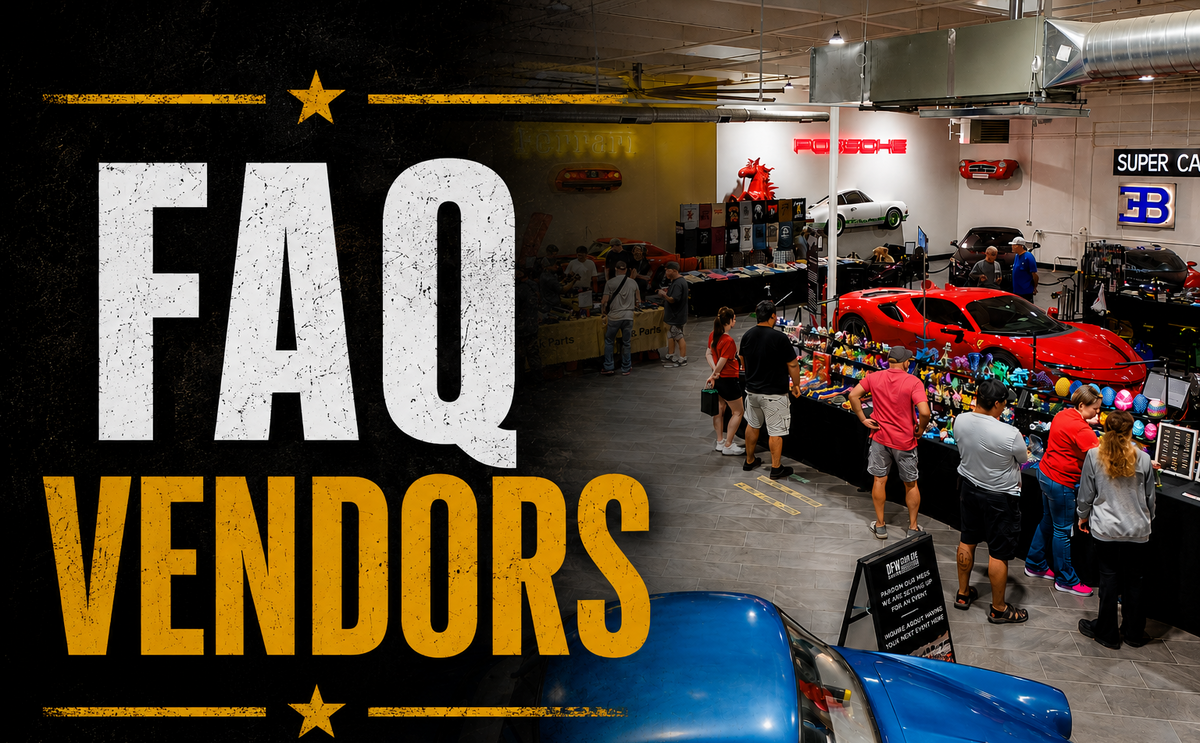 Promotional graphic for 'FAQ Vendors' at an auto show, featuring a large distressed text overlay on the left and a background photo of a busy indoor exhibition hall with people browsing vendor booths and classic cars.
