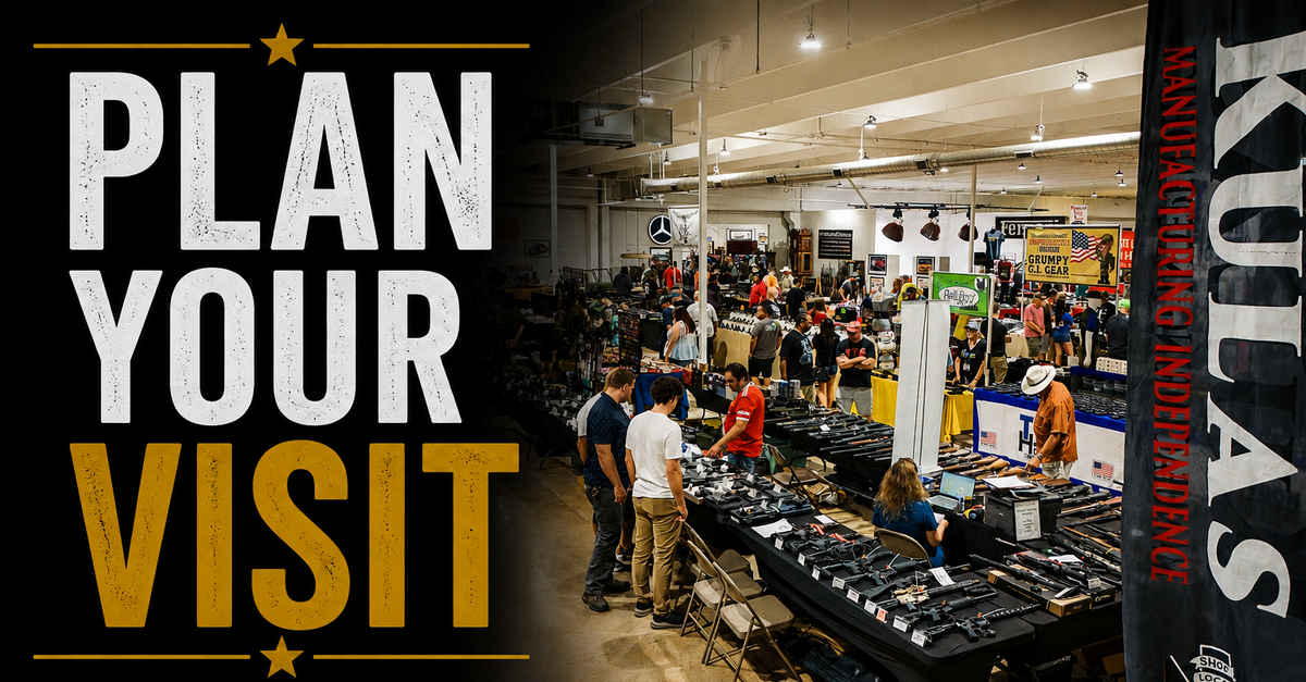 Promotional graphic for a gun show or trade show, featuring a large black-and-gold text block on the left reading 'PLAN YOUR VISIT' with bullet points about 400+ vendor tables, great deals, top brands, and firearms/ammo/gear. The right side shows a crowded indoor exhibition hall with booths and people browsing tables.