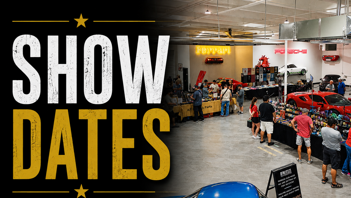 Promotional graphic for the Fort Worth Gun Show with large text reading 'SHOW DATES' on a black background and a photo of an indoor auto show floor with booths, people, and cars. Visible car brands include Ferrari and Porsche in the background scene.