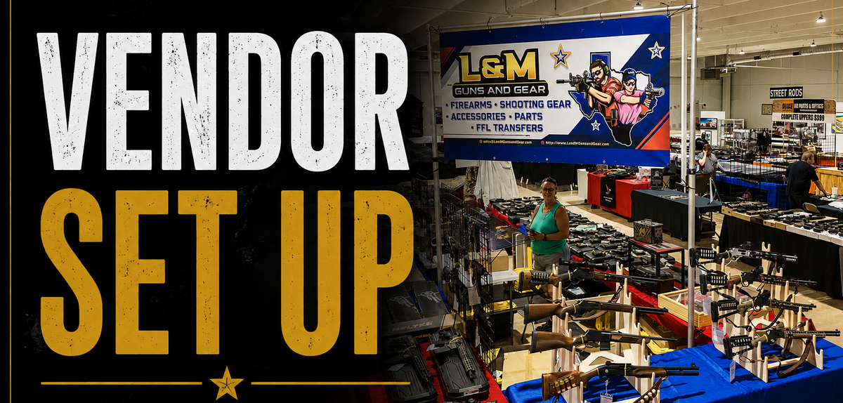 Guns and Gear vendor setup at the Fort Worth Gun Show, featuring a large black background with distressed white and yellow text, alongside a photo of a booth filled with firearms and accessories located at the DFW Car & Toy Museum.